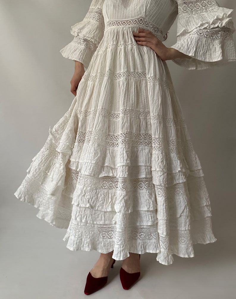 Mexican Wedding Prairie calico Modest Maxi Vintage Dress Gown Tea Dress Prom Cotton Evening 60s 70s White Lace Crochet Rare Ivory image 4