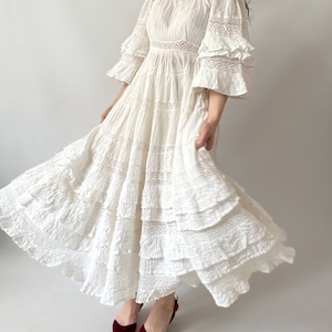 Mexican Wedding Prairie calico Modest Maxi Vintage Dress Gown Tea Dress Prom Cotton Evening 60s 70s White Lace Crochet Rare Ivory image 7