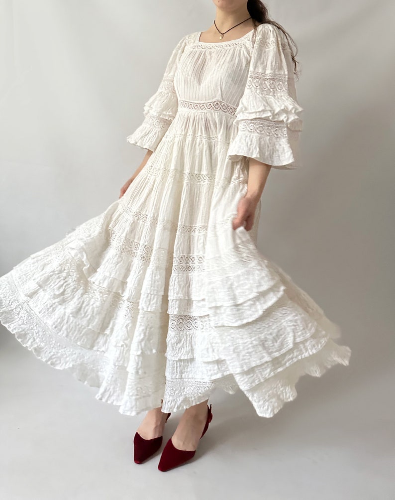 Mexican Wedding Prairie calico Modest Maxi Vintage Dress Gown Tea Dress Prom Cotton Evening 60s 70s White Lace Crochet Rare Ivory image 7