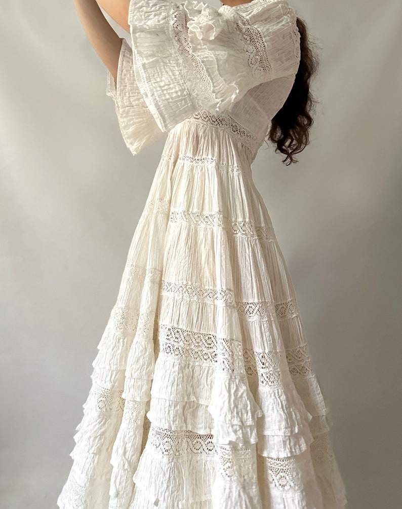 Mexican Wedding Prairie calico Modest Maxi Vintage Dress Gown Tea Dress Prom Cotton Evening 60s 70s White Lace Crochet Rare Ivory image 8