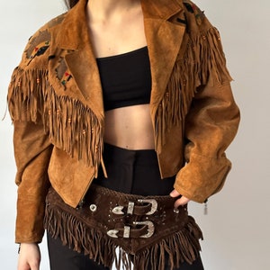 Clock House leather vintage suede fringed jacket light brown camel coat 90s retro 80s oldschool boho festival cowboy Wild West Native image 7