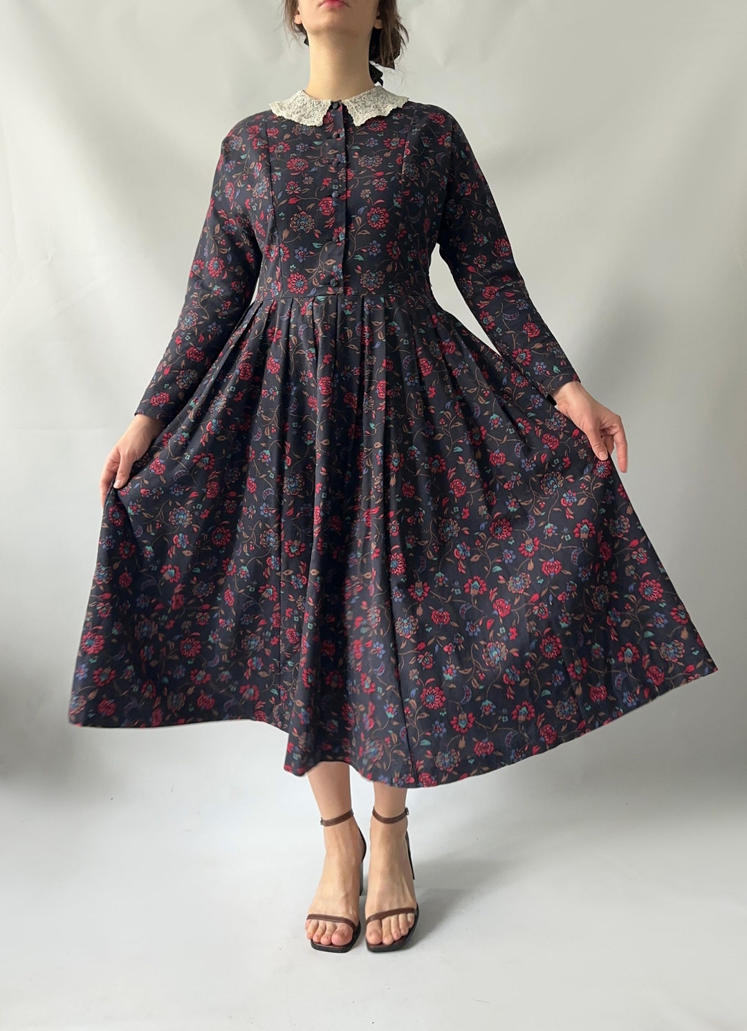Fabulous Laura Ashley cottage core silk tea Dress Uk8 Brown Botanical A Line BT001 main image 0