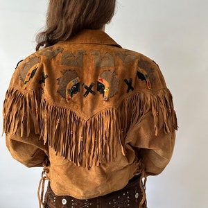 Clock House leather vintage suede fringed jacket light brown camel coat 90s retro 80s oldschool boho festival cowboy Wild West Native image 6