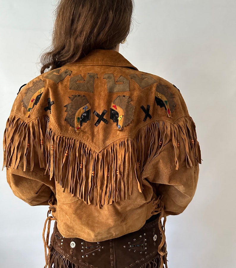 Clock House leather vintage suede fringed jacket light brown camel coat 90s retro 80s oldschool boho festival cowboy Wild West Native image 6