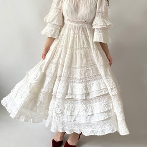 Mexican Wedding Prairie calico Modest Maxi Vintage Dress Gown Tea Dress Prom Cotton Evening 60s 70s White Lace Crochet Rare Ivory image 6