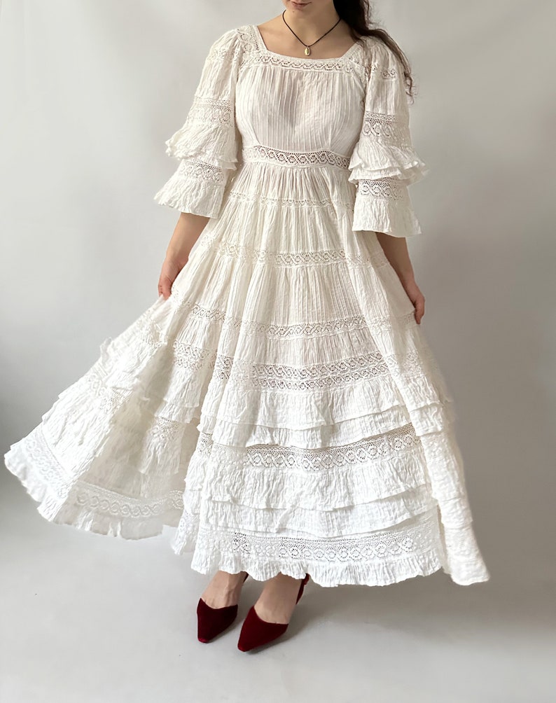 Mexican Wedding Prairie calico Modest Maxi Vintage Dress Gown Tea Dress Prom Cotton Evening 60s 70s White Lace Crochet Rare Ivory image 6