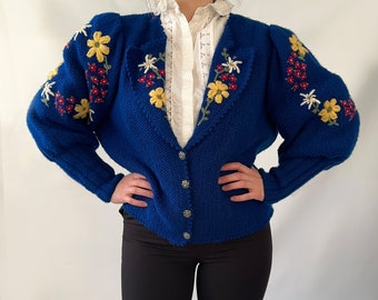 Flowery navy blue vintage floral handmade cardigan, Austrian