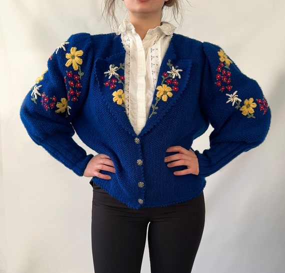 Flowery navy blue vintage floral handmade cardigan, Austrian