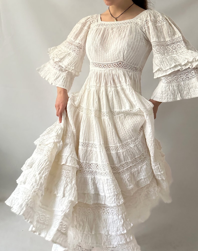 Mexican Wedding Prairie calico Modest Maxi Vintage Dress Gown Tea Dress Prom Cotton Evening 60s 70s White Lace Crochet Rare Ivory image 1