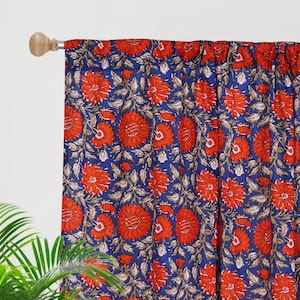 Floral Block Print Cotton Curtain Set: Boho Window Decor, Indian 2 Panel Curtains