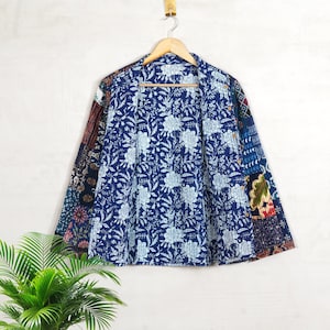 Hand Block Print Cotton Quilted Jacket: Reversible Patchwork Boho Coat