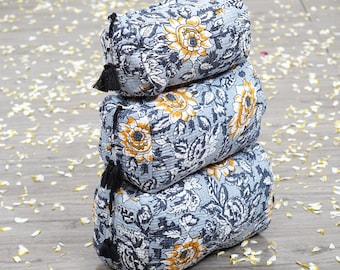 Quilted Block Print Cosmetic Bag Set: Cotton Toiletry Travel Pouches