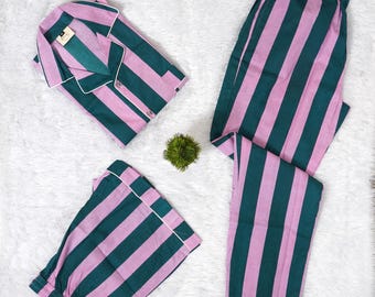 Conjunto de pijama de algodão listrado: roupa de dormir indiana feita à mão, conjunto de 4 peças