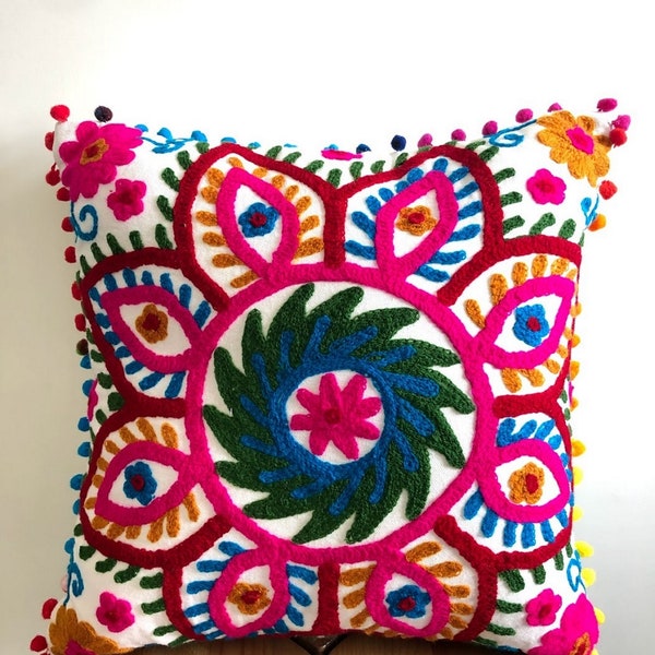 Blue - Chanderi Silk Hand Embroidery Cushion Cover 01