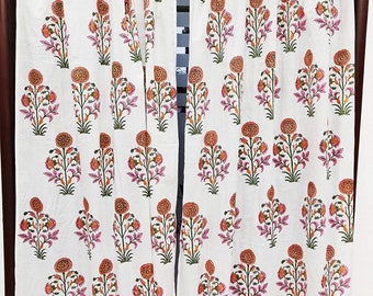 Floral Block Print Cotton Curtain Set 2 Panels: Indian Window Decor