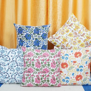 Hand Block Printed Cushion Covers: Indian Floral Pillowcases, Set of 5