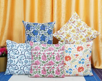 Hand Block Printed Cushion Covers: Indian Floral Pillowcases, Set of 5