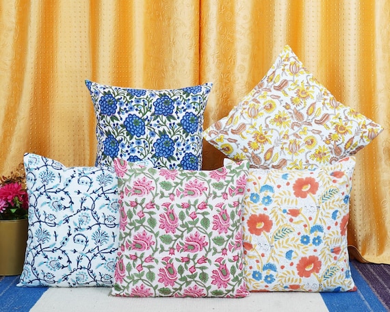 Hand Block Printed Cushion Covers: Indian Floral Pillowcases, Set of 5