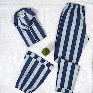 Striped Cotton Pajama Set, Indian Lounge Night Dress, Handmade