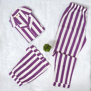 Indian Cotton Pajama Set: Striped Print Women&#39;s Nightwear, 4-Piece