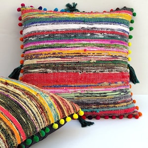 Hand Woven Chindi Pillow Cover: Braided Bohemian Cotton Cushion, 16&quot;x16&quot;