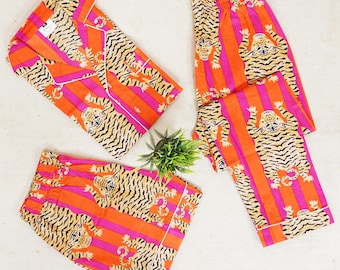 Tiger Print Cotton Pajama Set: Indian Handmade Sleepwear, 4-Piece Lounge Set