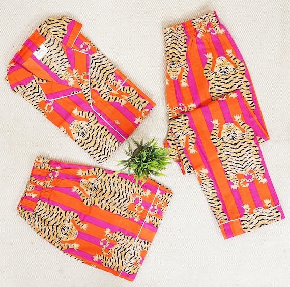 Tiger Print PJ Set: Indian Cotton Nightwear, Orange Pink Striped PJs Bridesmaid Pajamas