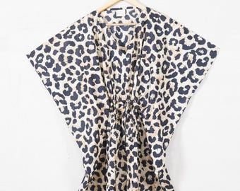 Printed Caftan: Leopard Print Cotton Kaftan Maxi Dress Oversize Beach Wear For Mom