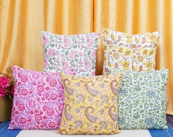 Set of 5 Hand Block Print Cotton Pillow Covers: Boho Home Decorative Cushions