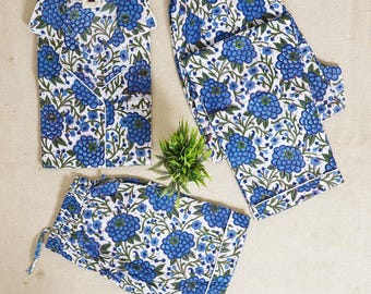 Floral Hand Block Print Cotton Pajama Set: Indian Sleepwear