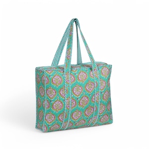 Bolsa de algodón con estampado indio: bolsa de mercado acolchada y cosida a mano