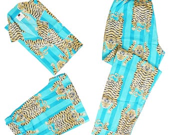 Tiger Print Cotton Pajama Set: Indian Lounge Nightwear, 4 Pcs