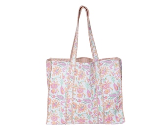 Hand Block Print Cotton Tote Bag: Quilted Floral Shopping Bag