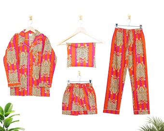 Conjunto de pijama com estampa de tigre: roupa de dormir indiana em algodão, pijama listrado em laranja e rosa para madrinhas.
