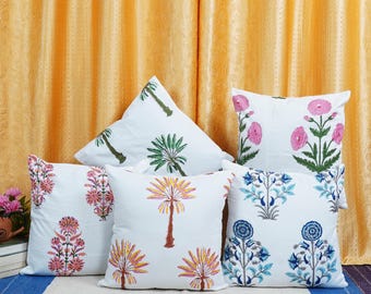 Block Print Cushion Cover Set of 5: Indian Floral Throw Pillow, Farmhouse Sofa Decor
