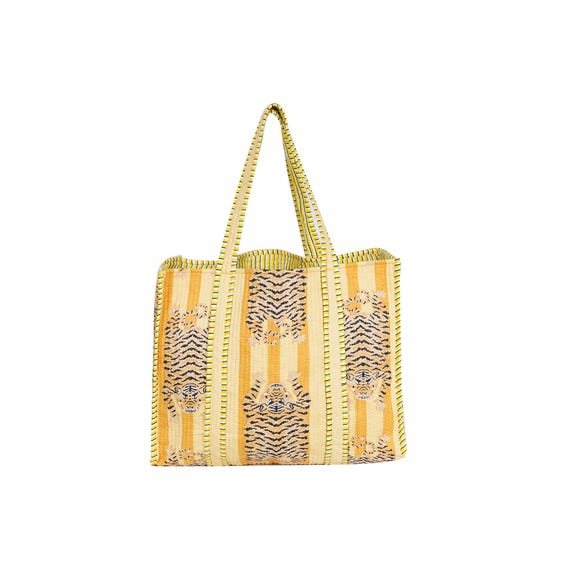 Yellow Tiger Tote Bag Handmade Quilted Cotton Bags, Everyday Shopping Bag For Market