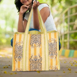 Yellow Tiger Tote Bag, Printed tote bag, Indian hand bag, leaf print totes, Daily use tote bag, Quilted tote bag, Zipper Shopping bag,  bags for women, Gifts for mom, Printed travel bag,  Shoulder Tote Bag, Cotton Quilted Tote, Shopping carry bag, Large tote bag, Hippie tote bag, Bags for women, Patchwork bag, Weekend bag, Beach bag, Tote shoulder bag,  Travel Bag, Gifts for Girlfriend,  Reversible Carry Bag, yoga shopping beach, Vintage Shoulder Bag, block print tote bag, Laptop  bag