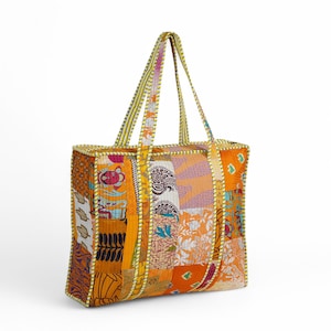 Quilted Silk Tote Bag: Patchwork Hippie Market Shopping Bag