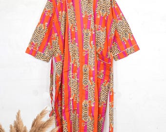 Robe quimono de algodão com estampa de tigre: saída de praia hippie indiana