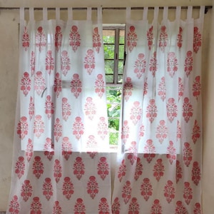 Floral Block Print Cotton Curtain Set: Boho Indian Window Decor 2 Panel