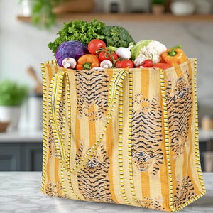 Yellow Tiger Tote Bag, Printed tote bag, Indian hand bag, leaf print totes, Daily use tote bag, Quilted tote bag, Zipper Shopping bag,  bags for women, Gifts for mom, Printed travel bag,  Shoulder Tote Bag, Cotton Quilted Tote, Shopping carry bag, Large tote bag, Hippie tote bag, Bags for women, Patchwork bag, Weekend bag, Beach bag, Tote shoulder bag,  Travel Bag, Gifts for Girlfriend,  Reversible Carry Bag, yoga shopping beach, Vintage Shoulder Bag, block print tote bag, Laptop  bag