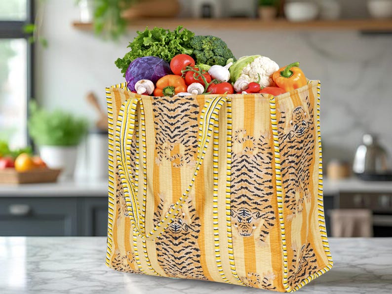 Yellow Tiger Tote Bag, Printed tote bag, Indian hand bag, leaf print totes, Daily use tote bag, Quilted tote bag, Zipper Shopping bag,  bags for women, Gifts for mom, Printed travel bag,  Shoulder Tote Bag, Cotton Quilted Tote, Shopping carry bag, Large tote bag, Hippie tote bag, Bags for women, Patchwork bag, Weekend bag, Beach bag, Tote shoulder bag,  Travel Bag, Gifts for Girlfriend,  Reversible Carry Bag, yoga shopping beach, Vintage Shoulder Bag, block print tote bag, Laptop  bag