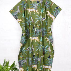 Caftán con estampado de jungla verde, vestido de noche de algodón indio para playa para mujer