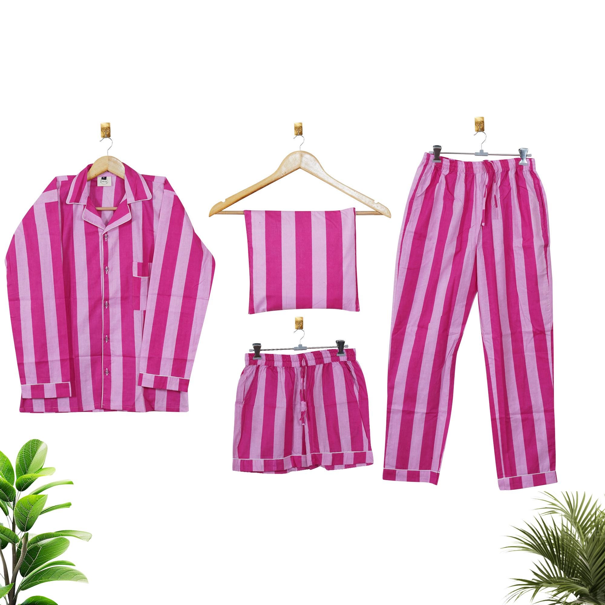 Indian Cotton Pajama Set: Striped Print, Handmade Sleepwear 4 Pcs Night Suit