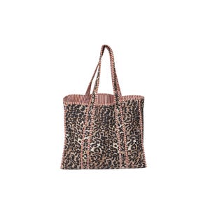 May include: A leopard print tote bag in brown, tan, and black. The bag has two handles and a striped interior. The edges are trimmed with light brown stitching. A stylish and practical accessory.