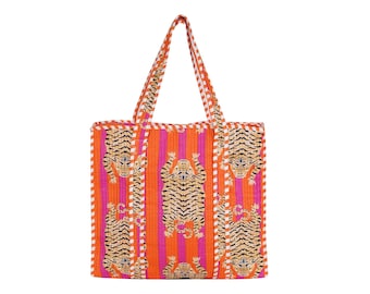 Sacola de compras de algodão com estampa de tigre: Sacola de compras acolchoada feita à mão com fecho de zíper.