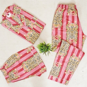 Indian PJ Set, 100% Cotton Tiger Print Pajama Set, Women&#39;s Pajamas Set Night Wear, Bridesmaid Pajama Set, Cotton Pants Shirt 4 Pcs Sets