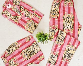 Tiger Print Cotton Pajama Set: Indian Handmade Sleepwear, 4-Piece
