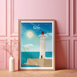 May include: A vintage travel poster featuring a white lighthouse with a red roof against a blue sky with white clouds. The poster says "Sète Le Phare" in a white font.