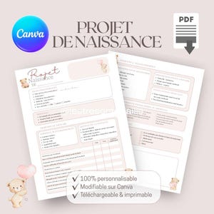 Projet de naissance imprimable & modifiable Canva – Projet de naissance PDF – Accouchement, travail, césarienne